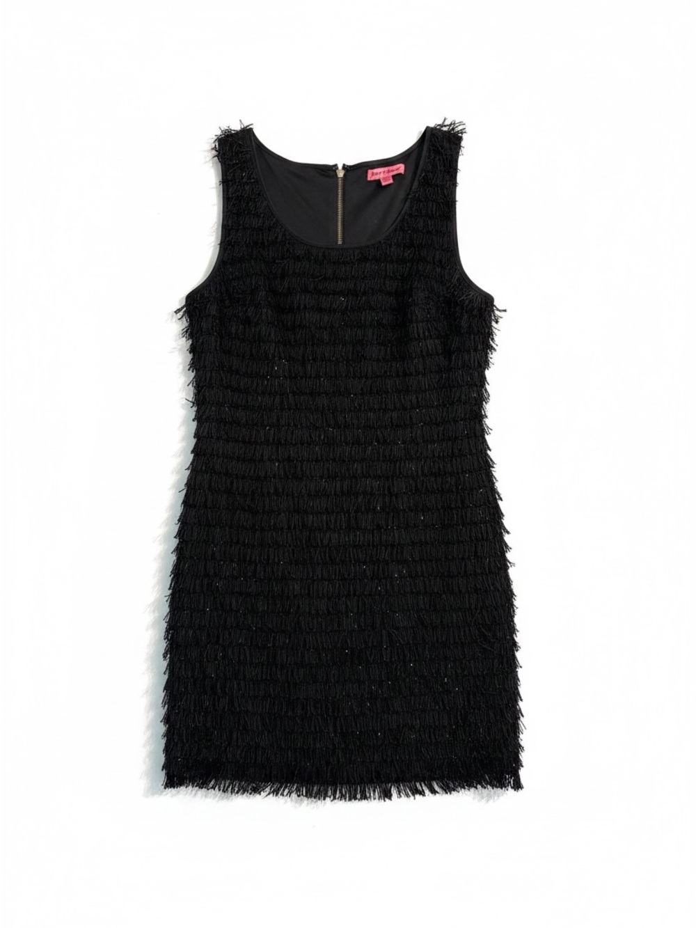 Betsey Johnson Fringe Mini Dress Womens 14 Black Layered Shift Zipper